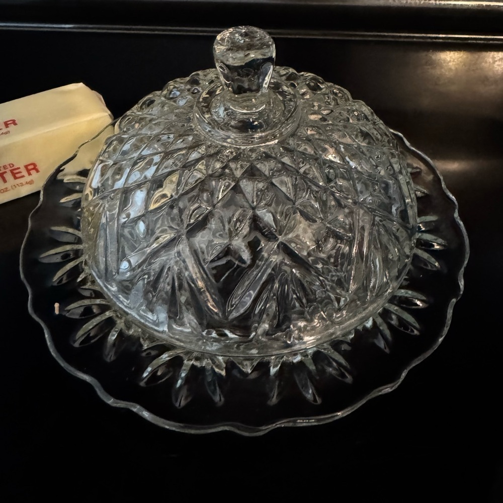 Round Glass Butter Dish with Lid early American pressed glass with cloche lid